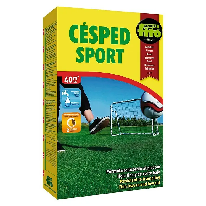 Semillas para césped deportivo Fitó - 1 kg, 40 m² - Imagen del envase de semillas de césped Fitó CÉSPED SPORT, para 40 m², con germinación rápida y fórmula resistente al pisoteo.