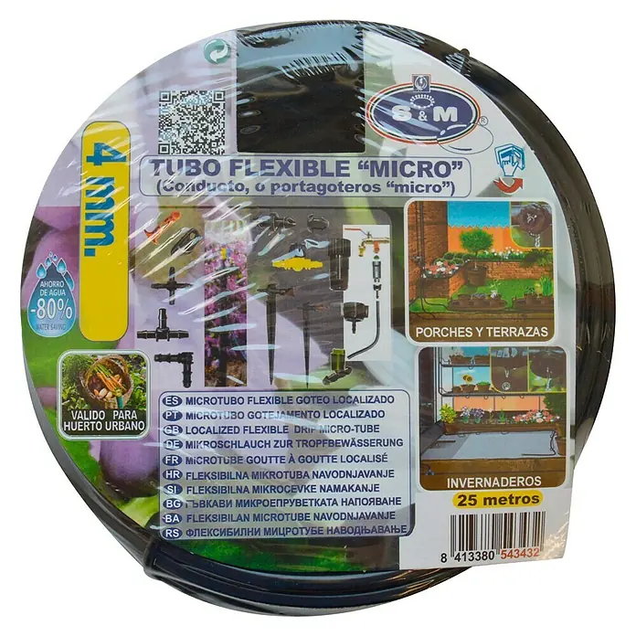 Tubo de instalación Micro goteo - 4 mm, 25 m, Negro - La imagen muestra una manguera de microirrigación flexible de 4 mm (25 metros) de S&M, ideal para jardines, terrazas e invernaderos.