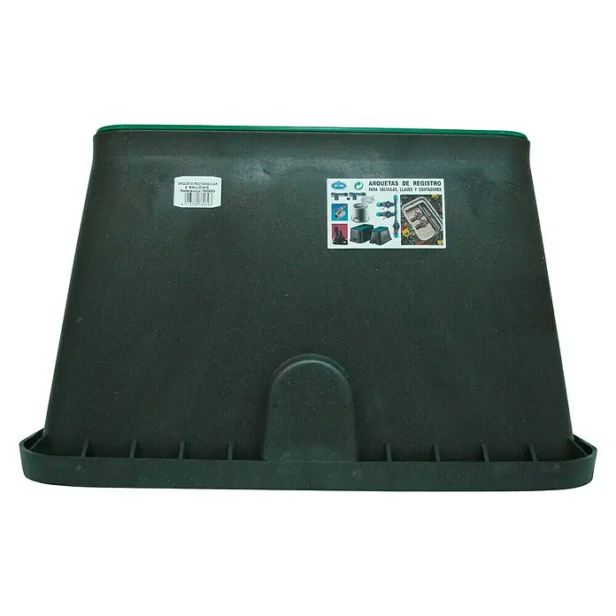 Arqueta rectangular 4 salidas - L x An x Al: 47 x 37 x 23 cm, 1 ud. - La imagen muestra una arqueta rectangular verde, diseñada para uso exterior. Es robusta y resistente a la intemperie.
