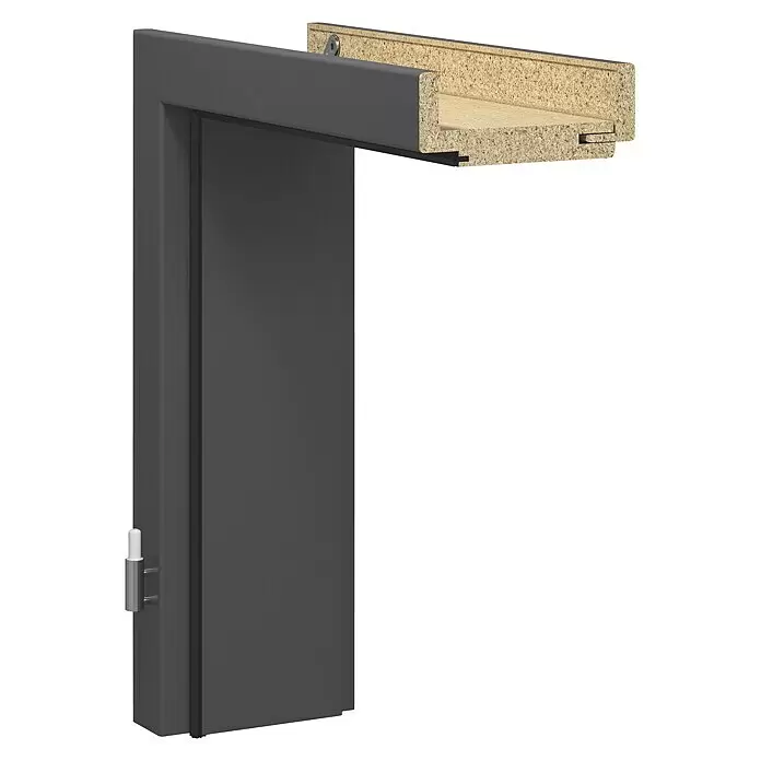 GetaDoor Getalit Türzarge A1 - 860 x 1.985 mm, Wandstärke: 270 mm, DIN Anschlag: Links, Schwarz - Dunkelgraue Tür und Zarge, im Schnitt zur Darstellung von Spanplattenkern und Scharnier.