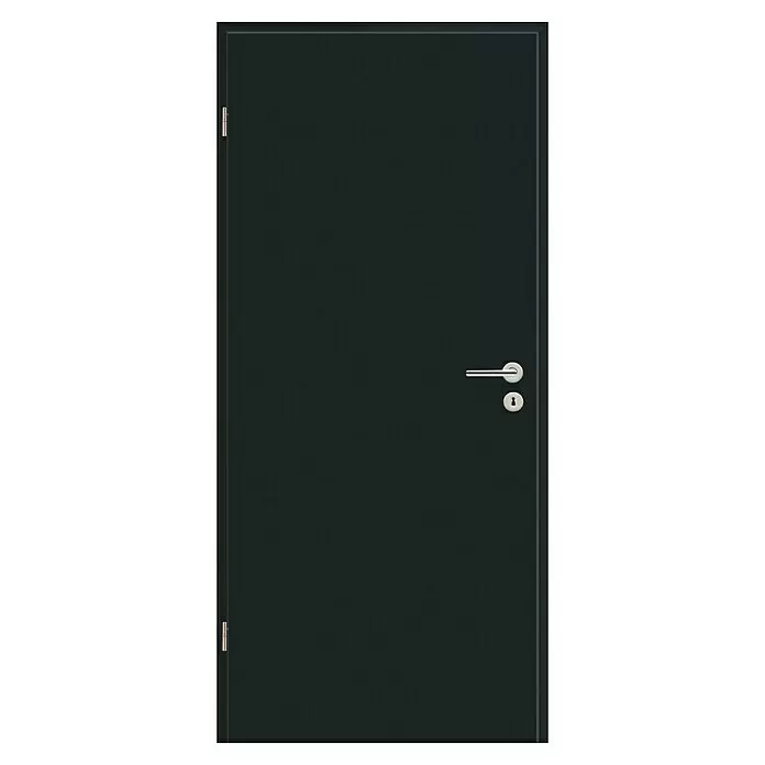 GetaDoor Getalit Zimmertür A1 - 860 x 1.985 mm, DIN Anschlag: Links, Schwarz, Röhrenspan - Dunkelgraue Tür mit silbernem Griff und Schlüsselloch, mit sichtbaren Scharnieren links.