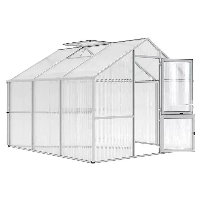 KGT Gewächshaus Nelke III - Außenmaß inkl. Dachüberstand (B x T): 297 x 323 cm, Material Seitenwand: Kunststoff, 16 mm, Pressblank - Silberfarbenes Gewächshaus mit klaren, geriffelten Kunststoffplatten, Dachluke und Flügeltür.