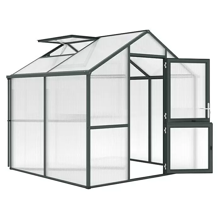 KGT Gewächshaus Iris II - Außenmaß inkl. Dachüberstand (B x T): 233 x 217 cm, Material Seitenwand: Kunststoff, Tannengrün - Gewächshaus mit grauem Rahmen und lichtdurchlässigen Platten, offener Dachluke und Tür.
