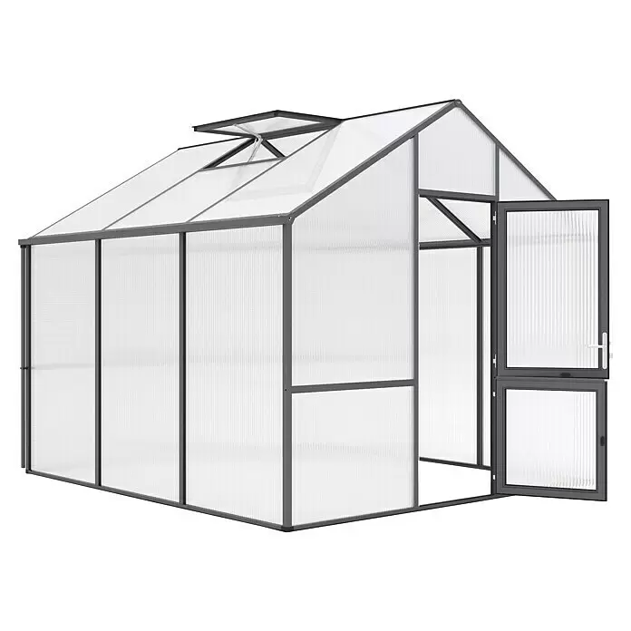 KGT Gewächshaus Dahlie III - Außenmaß inkl. Dachüberstand (B x T): 297 x 323 cm, Material Seitenwand: Kunststoff, 16 mm, Anthrazit-grau - Modernes Gewächshaus mit dunkelgrauem Metallrahmen und lichtdurchlässigen Wellplatten. Verfügt über eine Flügeltür und eine offene Dachluke.
