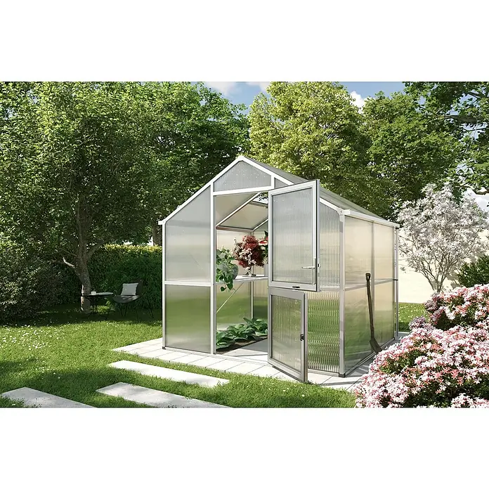 KGT Gewächshaus Iris II - Außenmaß inkl. Dachüberstand (B x T): 233 x 217 cm, Material Seitenwand: Kunststoff, Pressblank - Ein modernes Gewächshaus mit geöffneter Tür, umgeben von einem üppigen Garten, bietet einen Blick auf blühende Pflanzen im Inneren.
