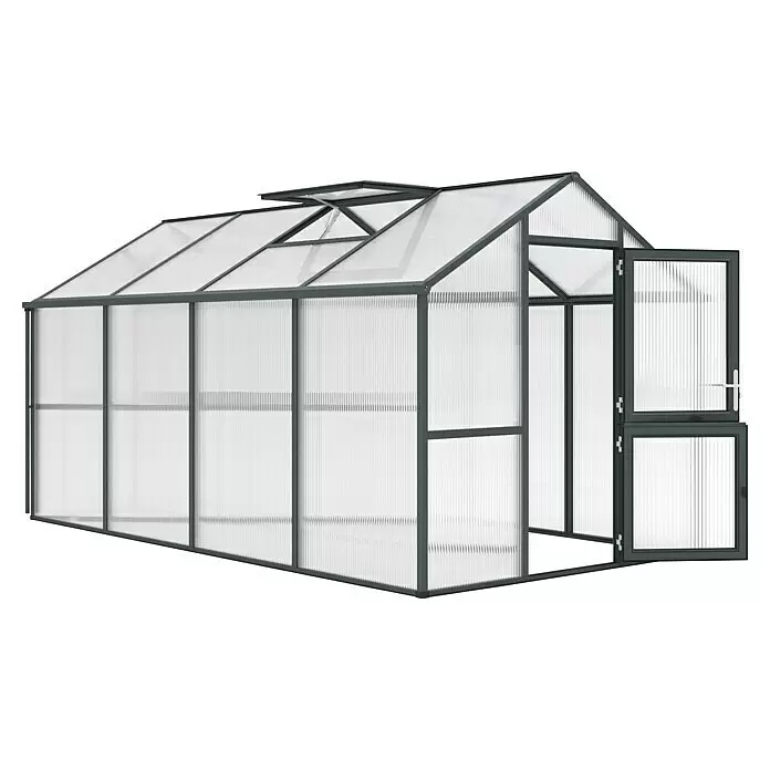 KGT Gewächshaus Iris IV - Außenmaß inkl. Dachüberstand (B x T): 233 x 429 cm, Material Seitenwand: Kunststoff, Tannengrün - Gewächshaus mit dunkelgrauem Rahmen, transluzenten Stegplatten, geöffnetem Dachfenster und offener Tür.