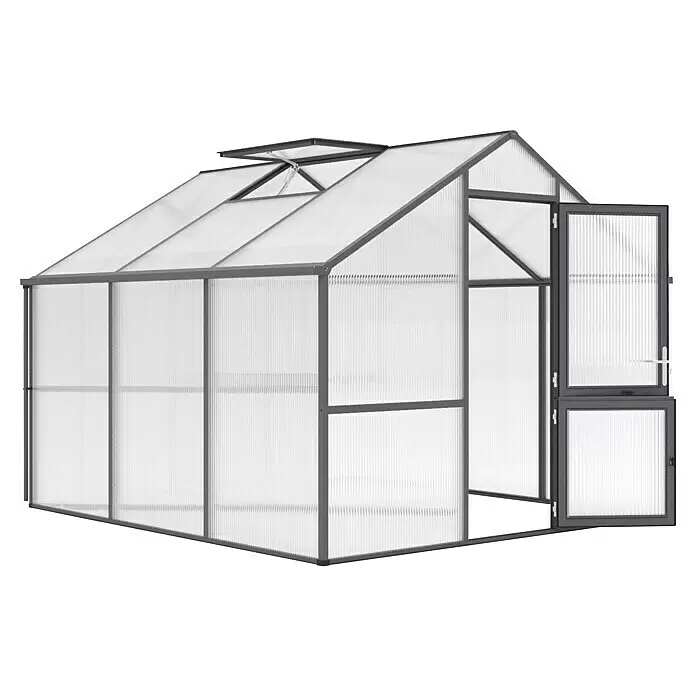 KGT Gewächshaus Nelke III - Außenmaß inkl. Dachüberstand (B x T): 297 x 323 cm, Material Seitenwand: Kunststoff, 16 mm, Anthrazit-grau - Gewächshaus mit grauem Rahmen, transparenten Stegplatten, geöffnetem Dachfenster und offener geteilter Tür.