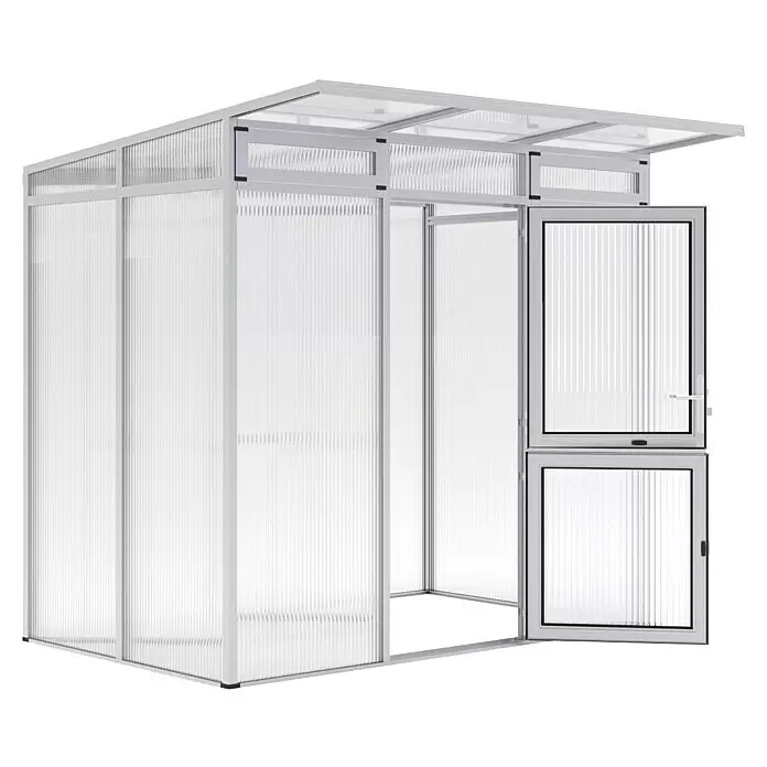 KGT Gewächshaus Santini II - small - Außenmaß inkl. Dachüberstand (B x T): 233 x 155 cm, Material Seitenwand: Kunststoff, 16 mm, Pressblank - Kleines Gewächshaus mit lichtdurchlässigen Rillenplatten und weißem Metallrahmen, offene Tür.