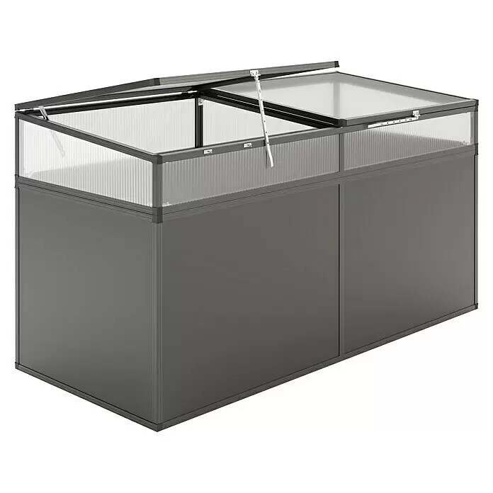 KGT Frühbeet-Aufsatz - Passend für: KGT Alumium-Hochbeet & Woody 210, L x B x H: 91 x 205 x 32 cm - Dunkelgraues Frühbeet mit teilweise geöffnetem, transparentem Deckel und massivem Sockel.