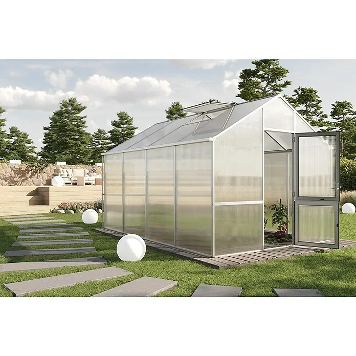 KGT Gewächshaus Dahlie IV - Außenmaß inkl. Dachüberstand (B x T): 297 x 429 cm, Material Seitenwand: Kunststoff, 16 mm, Pressblank - Großes Gewächshaus aus Polycarbonat mit geöffneten Doppeltüren und einem automatischen Dachfenster im Garten.