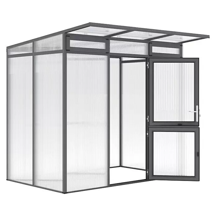 KGT Gewächshaus Santini II - small - Außenmaß inkl. Dachüberstand (B x T): 233 x 155 cm, Material Seitenwand: Kunststoff, 16 mm, Anthrazit-grau - Kompaktes Gewächshaus mit dunkelgrauem Rahmen und transparenten Rippenplatten, offener zweiteiliger Tür.
