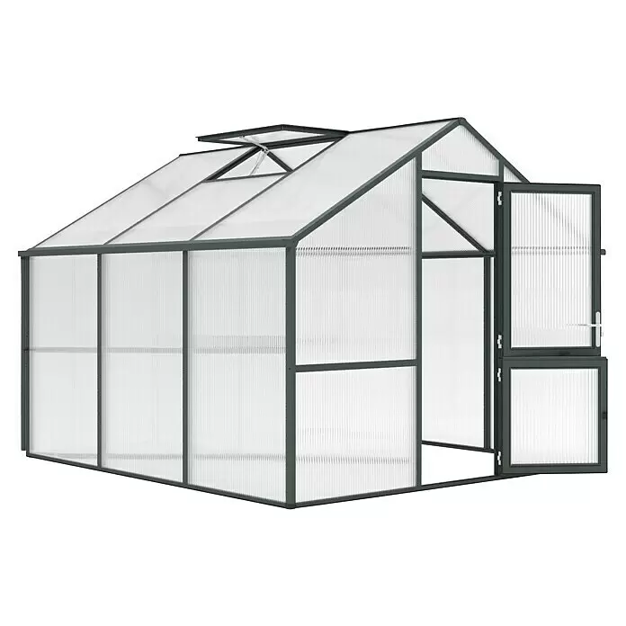 KGT Gewächshaus Nelke III - Außenmaß inkl. Dachüberstand (B x T): 297 x 323 cm, Material Seitenwand: Kunststoff, 16 mm, Tannengrün - Gewächshaus mit dunkelgrauem Rahmen, durchsichtigen Wellplatten, geöffnetem Dachfenster und Tür.