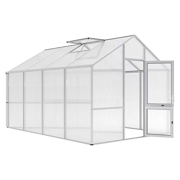 KGT Gewächshaus Dahlie IV - Außenmaß inkl. Dachüberstand (B x T): 297 x 429 cm, Material Seitenwand: Kunststoff, 16 mm, Pressblank - Gewächshaus mit weißem Aluminiumrahmen und lichtdurchlässigen Wellplatten, mit offener Tür und Dachluke.