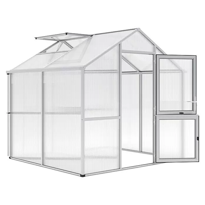 KGT Gewächshaus Iris II - Außenmaß inkl. Dachüberstand (B x T): 233 x 217 cm, Material Seitenwand: Kunststoff, Pressblank - Silbernes Gewächshaus mit transparenten Wellplatten, geöffneter Dachluke und offener Vordertür zur Belüftung.