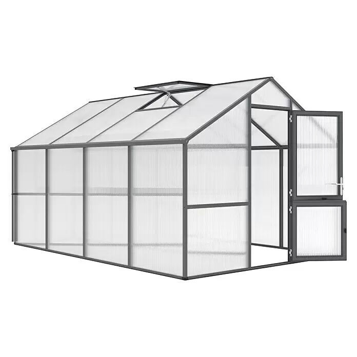 KGT Gewächshaus Nelke IV - Außenmaß inkl. Dachüberstand (B x T): 297 x 429 cm, Material Seitenwand: Kunststoff, 16 mm, Anthrazit-grau - Graues Gewächshaus mit lichtdurchlässigen Riffelplatten, offenem Dachfenster und zweiteiliger offener Tür.