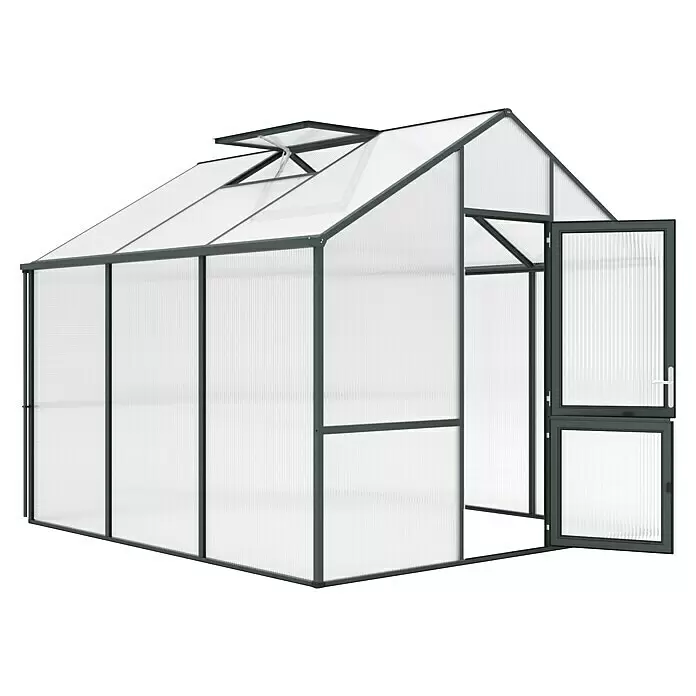 KGT Gewächshaus Dahlie III - Außenmaß inkl. Dachüberstand (B x T): 297 x 323 cm, Material Seitenwand: Kunststoff, 16 mm, Tannengrün - Geräumiges Gewächshaus mit durchsichtigen Polycarbonatplatten, dunkelgrauem Rahmen, offener Tür und Dachluken zur Belüftung.