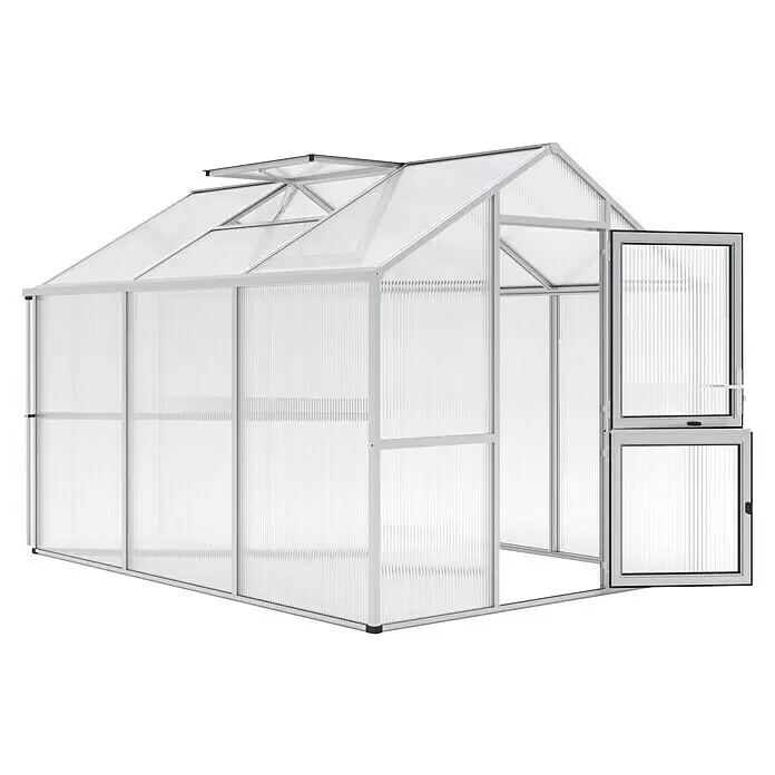 KGT Gewächshaus Iris III - Außenmaß inkl. Dachüberstand (B x T): 233 x 323 cm, Material Seitenwand: Kunststoff, Pressblank - Weißes Aluminium-Gewächshaus mit transparenten Stegplatten, offener Tür und Dachfenstern.