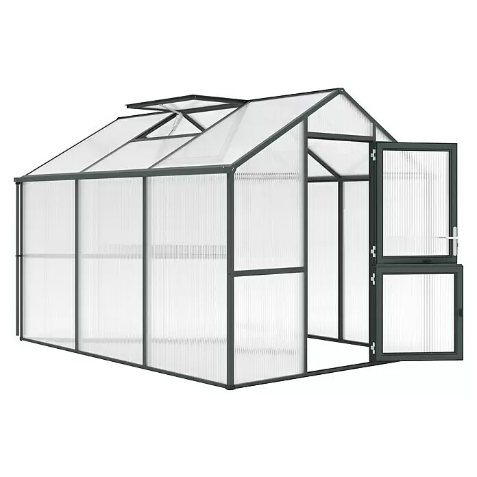 KGT Gewächshaus Iris III - Außenmaß inkl. Dachüberstand (B x T): 233 x 323 cm, Material Seitenwand: Kunststoff, Tannengrün - Gewächshaus mit dunkelgrauem Rahmen und lichtdurchlässigen Wellplatten, geöffnetem Dachfenster und offener Tür.