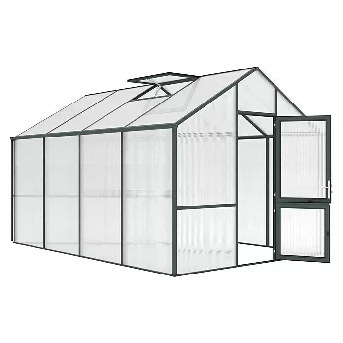 KGT Gewächshaus Dahlie IV - Außenmaß inkl. Dachüberstand (B x T): 297 x 429 cm, Material Seitenwand: Kunststoff, 16 mm, Tannengrün - Großes lichtdurchlässiges Polycarbonat-Gewächshaus mit dunkelgrauem Metallrahmen, mit geöffneter Dachluke und offener Eingangstür.