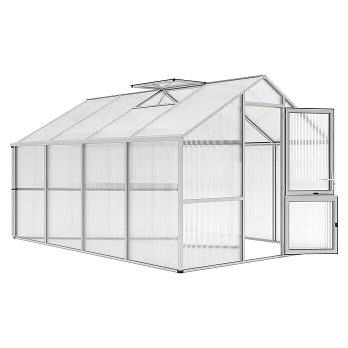 KGT Gewächshaus Nelke IV - Außenmaß inkl. Dachüberstand (B x T): 297 x 429 cm, Material Seitenwand: Kunststoff, 16 mm, Pressblank - Gewächshaus mit silbernem Rahmen, durchscheinenden Wellplatten, Satteldach mit Lüftung und offener Doppeltür.