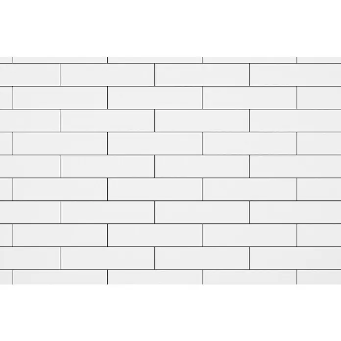 Modern Style Wandfliese Urban Blanco - 7,5 x 30 cm, Weiß, Glänzend - Weiße Riegelfliesen sind im linearen Verband angeordnet und bilden ein sauberes, horizontales Muster für moderne Wandverkleidungen.