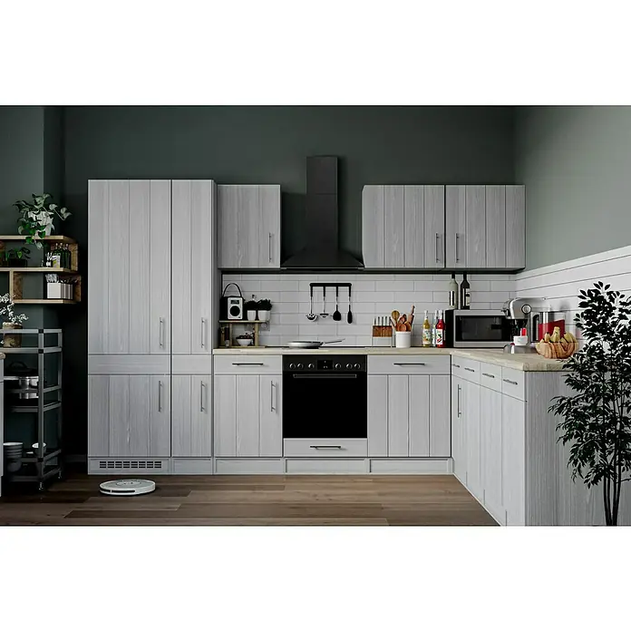 Modern Style Wandfliese Emotion Branco 500 - 9,8 x 29,8 cm, Weiß, Glänzend - Helle Küche mit grauen Schränken, schwarzen Akzenten und einem Roboterstaubsauger auf dem Holzboden. Das moderne Design schafft eine einladende Atmosphäre.