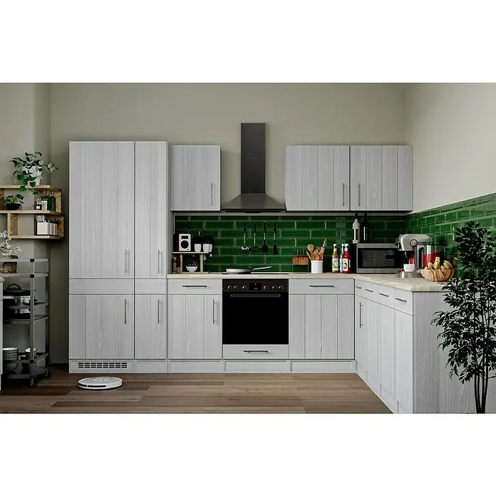 Modern Style Wandfliese Metro Biselado Verde 880 - 9,8 x 29,8 cm, Grün, Glänzend - Helle Küche mit grauen Schränken, grünen Fliesen und modernen Geräten für einen stilvollen und funktionalen Raum.