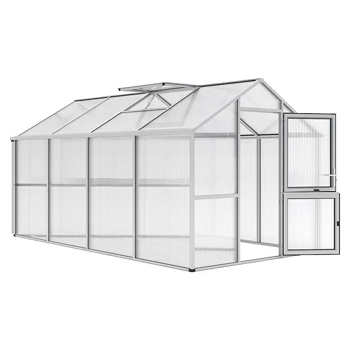 KGT Gewächshaus Iris IV - Außenmaß inkl. Dachüberstand (B x T): 233 x 429 cm, Material Seitenwand: Kunststoff, Pressblank - Aluminium-Gewächshaus mit durchscheinenden Paneelen, geöffneter Dachluke und teilweise offener Tür.