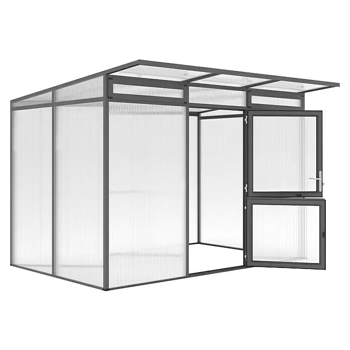 KGT Gewächshaus Santini II - Außenmaß inkl. Dachüberstand (B x T): 297 x 254 cm, Material Seitenwand: Kunststoff, 16 mm, Anthrazit-grau - Kompaktes Gewächshaus mit grauem Rahmen, transluzenten gerippten Polycarbonatplatten und offener Tür.