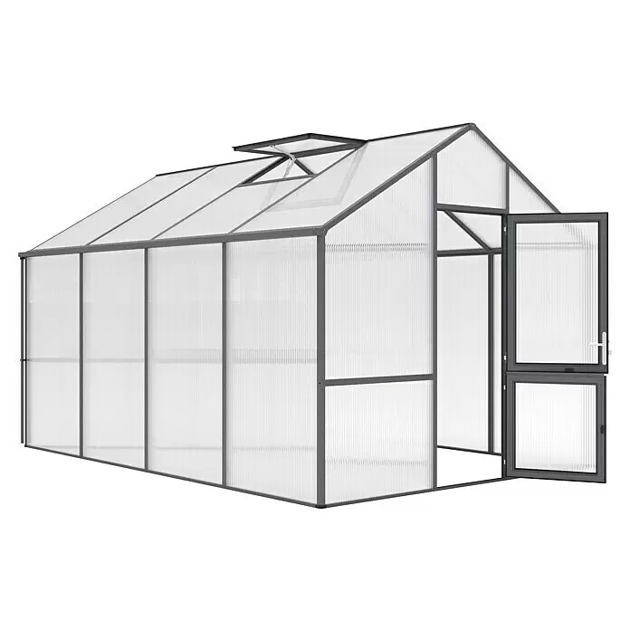KGT Gewächshaus Dahlie IV - Außenmaß inkl. Dachüberstand (B x T): 297 x 429 cm, Material Seitenwand: Kunststoff, 16 mm, Anthrazit-grau - Großes Gewächshaus mit transparenten Wellplatten und grauem Rahmen, Tür und Dachluke offen.