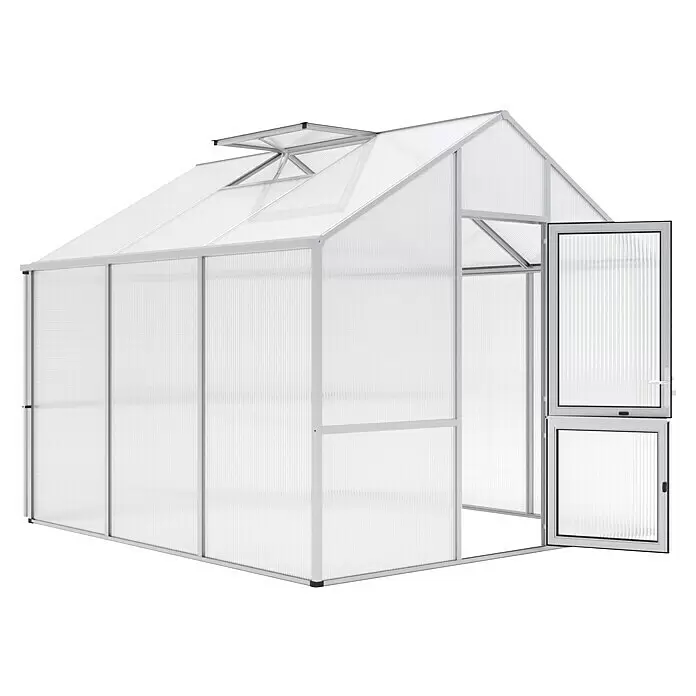 KGT Gewächshaus Dahlie III - Außenmaß inkl. Dachüberstand (B x T): 297 x 323 cm, Material Seitenwand: Kunststoff, 16 mm, Pressblank - Weißes Polycarbonat-Gewächshaus mit silbernem Rahmen, geöffneten Dachlüftern und zweiteiliger offener Tür.
