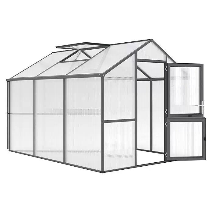 KGT Gewächshaus Iris III - Außenmaß inkl. Dachüberstand (B x T): 233 x 323 cm, Material Seitenwand: Kunststoff, Anthrazit-grau - Grau gerahmtes Gewächshaus mit durchsichtigen Wellplatten, geöffneten Dachlüftungen und geöffneter Doppeltür.