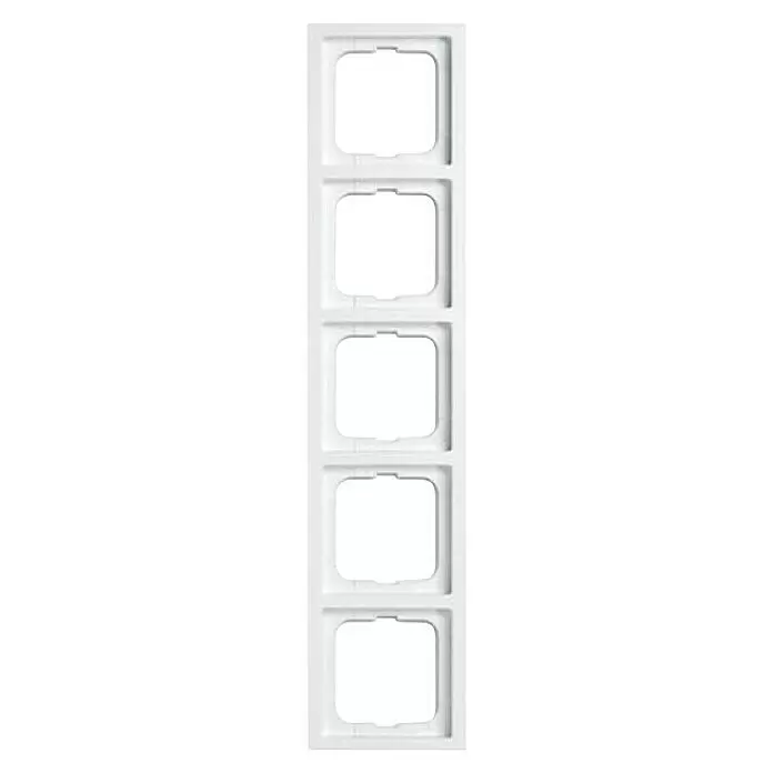 Busch-Jaeger Future Linear Abdeckrahmen 1725-184K - Studioweiß glänzend, 5-fach, Kunststoff - Vertikaler Streifen mit fünf leeren, weißen Diarahmen.