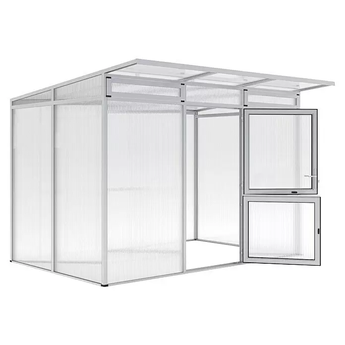 KGT Gewächshaus Santini II - Außenmaß inkl. Dachüberstand (B x T): 297 x 254 cm, Material Seitenwand: Kunststoff, 16 mm, Pressblank - Silbergerahmtes Gewächshaus mit transparenten Wellplatten, offener Tür und Fenster zur Belüftung.