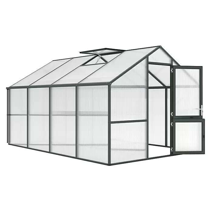 KGT Gewächshaus Nelke IV - Außenmaß inkl. Dachüberstand (B x T): 297 x 429 cm, Material Seitenwand: Kunststoff, 16 mm, Tannengrün - Großes Gewächshaus mit dunkelgrauem Metallrahmen, lichtdurchlässigen Wellplatten, offenem Dachfenster und offener Doppeltür.