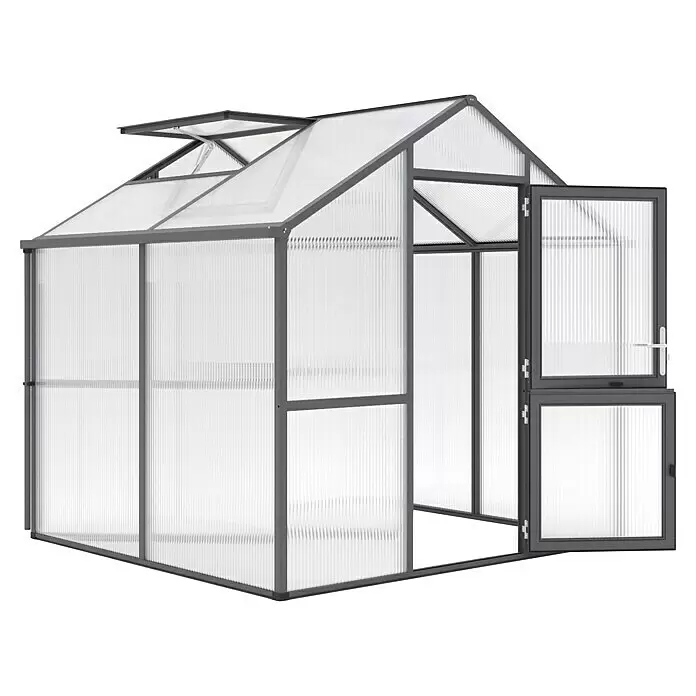 KGT Gewächshaus Iris II - Außenmaß inkl. Dachüberstand (B x T): 233 x 217 cm, Material Seitenwand: Kunststoff, Anthrazit-grau - Begehbares Gewächshaus mit grauem Rahmen und transluzenten Wellplatten, offenem Dachfenster und offener Doppeltür.