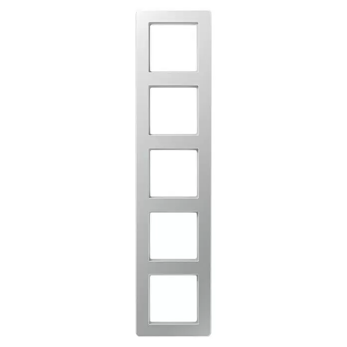 Jung A-Flow Abdeckrahmen AF585BFAL - Aluminiumfarben, 5-fach, Kunststoff - Vertikaler grauer Streifen mit fünf quadratischen transparenten Rahmen, der einem Filmstreifen ähnelt.