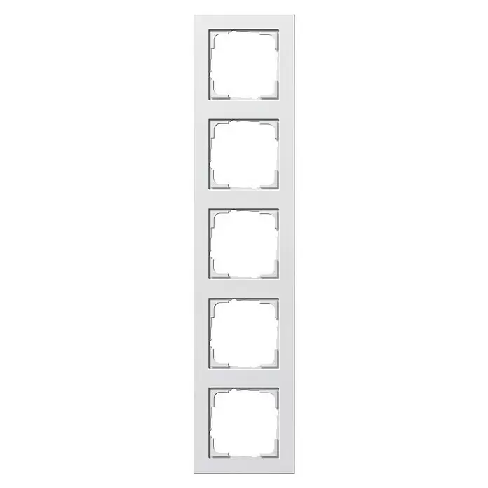 Gira E2 Abdeckrahmen 021522 - Reinweiß seidenmatt, 5-fach, Kunststoff - Weiße Innentür mit fünf dekorativen Glasfeldern.