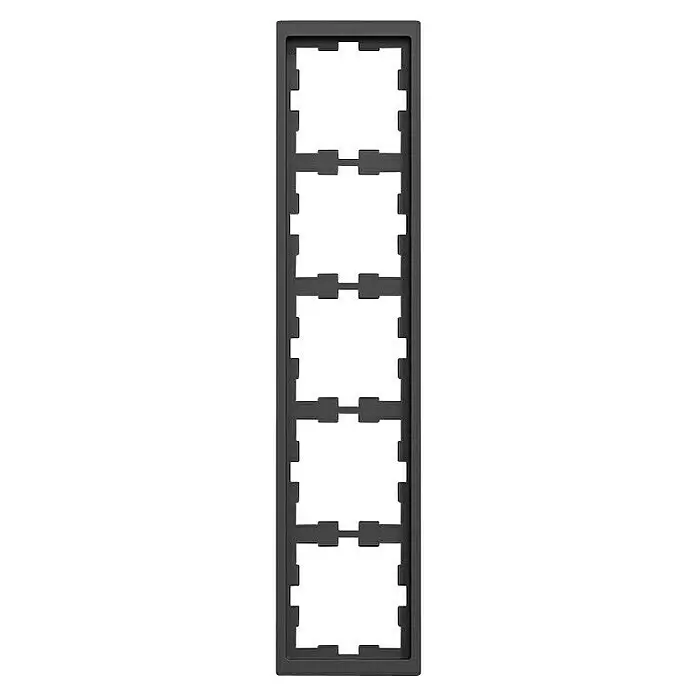 Merten System Design Abdeckrahmen D-Life MEG4050-6534 - Anthrazit, 5-fach, Kunststoff - Dunkelgrauer rechteckiger Tragrahmen mit gekerbtem Inneren für mehrere modulare Komponenten.