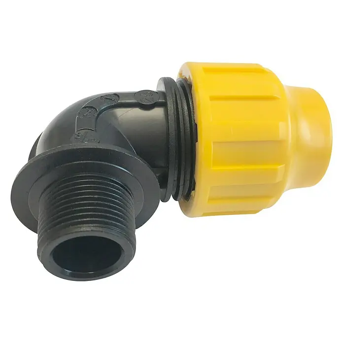 Codo angular montaje rápido macho - Diámetro: 25 mm, ¾″ - Un codo negro de 90 grados con un conector amarillo, utilizado para sistemas de plomería o riego.