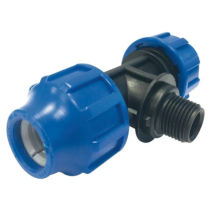 Te PE rosca macho - 20 mm, ½″, Macho - Imagen detallada de un accesorio PE en forma de T azul y negro, diseñado para tuberías de agua.