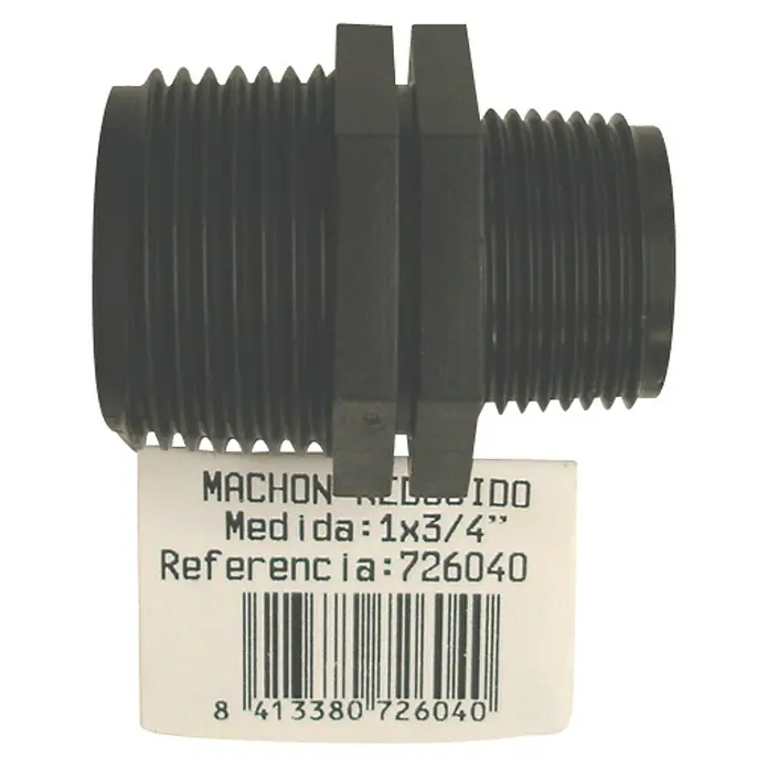 Machón reductor M-M - 1'' × ¾'' - Primer plano de un reductor de plástico negro de 1x3/4" con extremos roscados y etiqueta de producto.