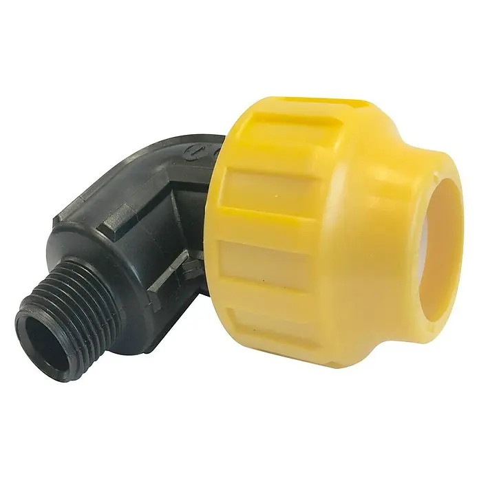 Codo angular montaje rápido macho - Diámetro: 25 mm, ½″ - Un codo de plástico negro y amarillo, ideal para sistemas de riego, muestra su diseño robusto para conexiones fiables.