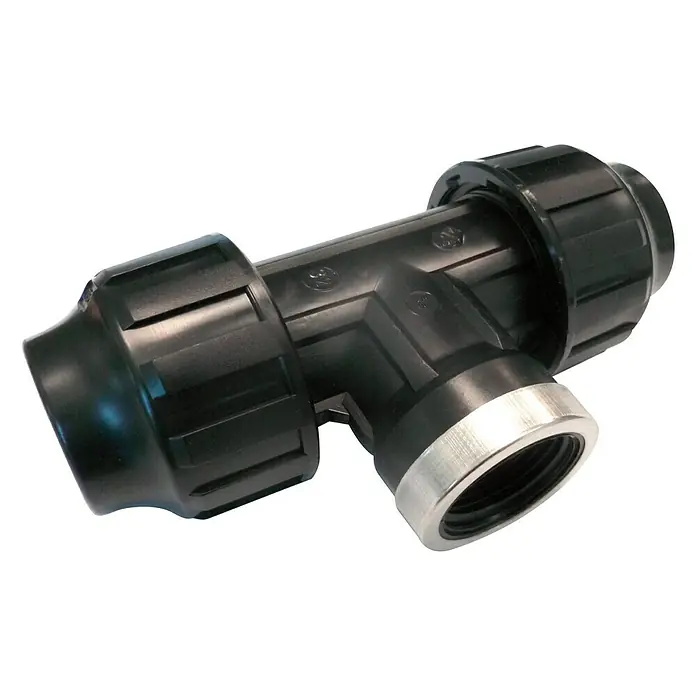 Te PE rosca hembra - 32 mm, 1″, Hembra - Un accesorio de tubería en forma de T negro con un conector roscado plateado para aplicaciones de fontanería o riego.