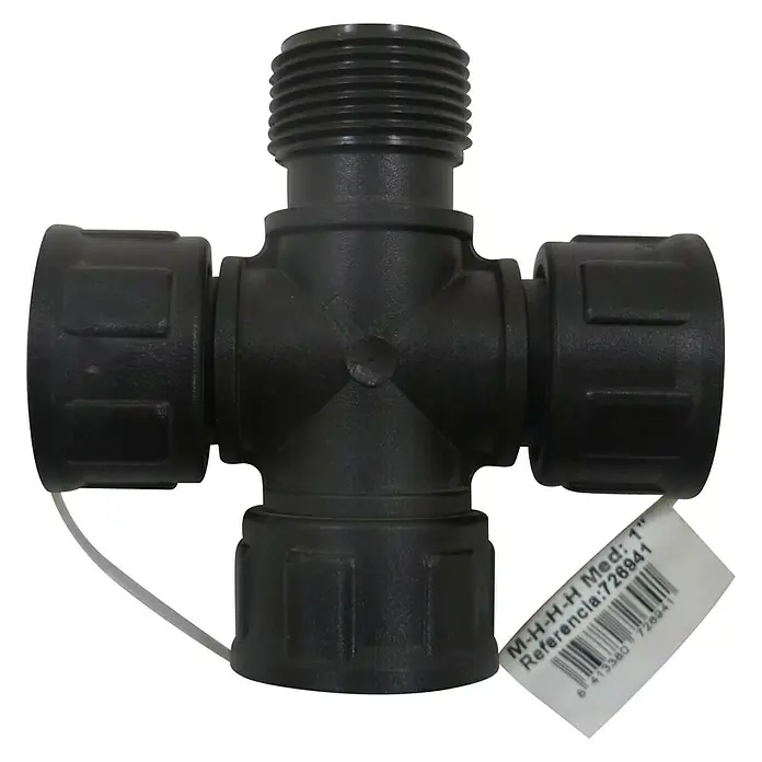 Cruceta electroválvula - 1 ud., 1″ - Conexión en T de plástico negro con conexión roscada, ideal para aplicaciones de fontanería versátiles y conexiones fiables.