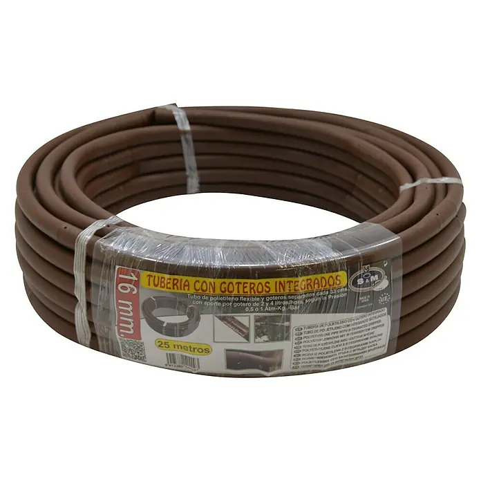 Tubo de goteo integrado - 16 mm, Largo: 25 m - Tubo de riego flexible marrón con goteros integrados, ideal para riego de jardines, 16 mm de diámetro y 25 metros de longitud.