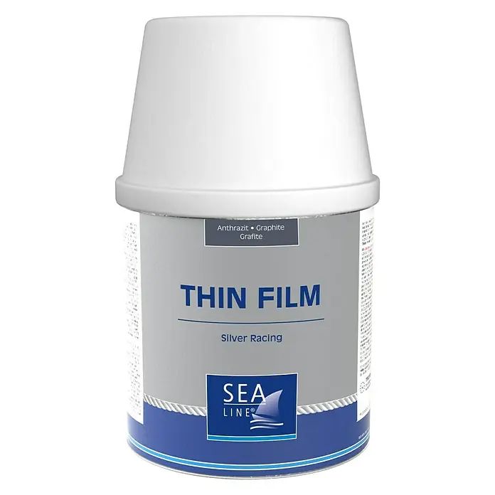 Dünnschicht-Antifouling - 2 l, Anthrazit - Farbdose mit "Thin Film Silver Racing" Beschriftung und weißem Deckel.
