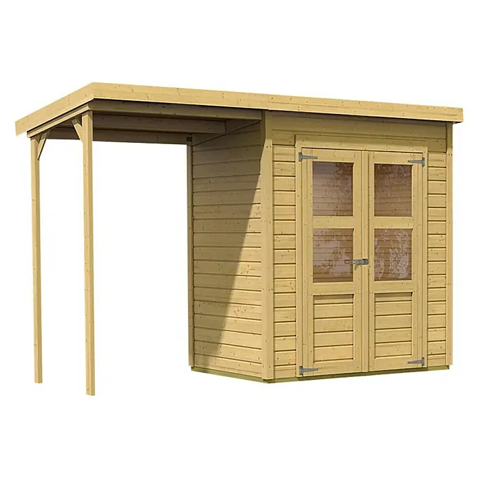 Karibu Gartenhaus Merseburg 2 - Außenmaß inkl. Dachüberstand (B x T): 329 x 142 cm, Holz, Natur, Mit Seitendach - Holzgartenhaus mit Doppeltür und Vordach bietet zusätzlichen Stauraum. Ein stilvolles und praktisches Gartenaccessoire für jeden Garten.