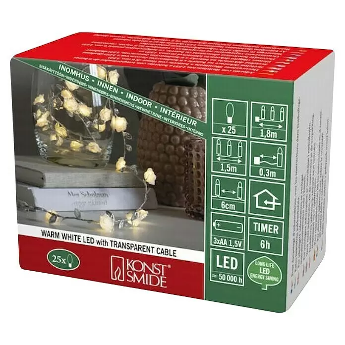 Konstsmide LED-Lichterkette - Innen, Lichtfarbe: Warmweiß, Anzahl Leuchtmittel: 25 Stk., Batteriebetrieben - Verpackung Konst Smide warmweiße LED-Lichterkette mit transparentem Kabel, 25 Lichter, für Innenräume.