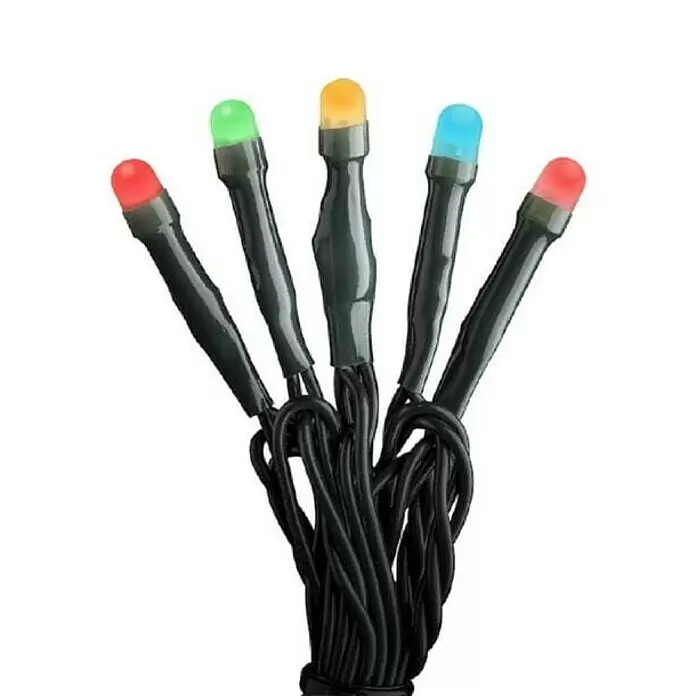 Konstsmide LED-Lichterkette Bunt - Lichtfarbe: Mehrfarbig, Anzahl Leuchtmittel: 35 Stk., Netzbetrieben, IP20 - Mehrfarbige LED-Lichterkette mit roten, grünen, orangen und blauen Birnen an schwarzem Kabel.